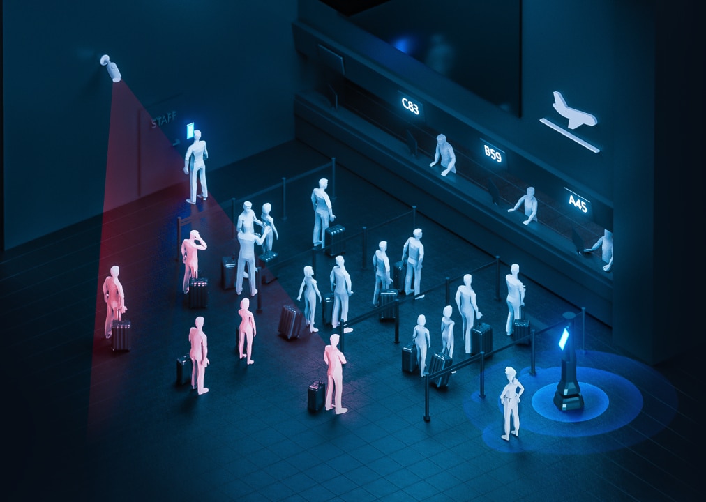 3D model of people in queue at baggage drop counters at an airport