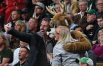 People taking pictures with a mascot in a crowd of spectators