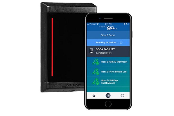 A Kantech device next to a phone displaying the Kantech Entrapass Go application