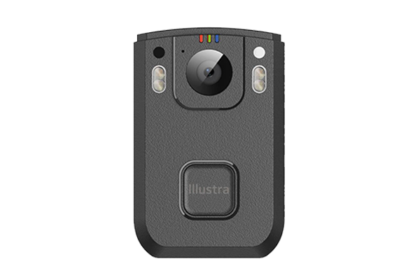 A Tyco Illustra body worn camera on a white background