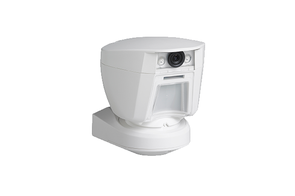 A white video surveillance camera